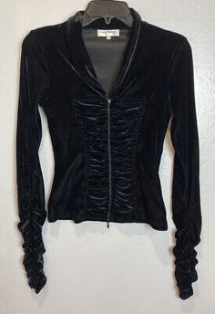 Premium Quality Anne Fontaine Black Velvet Ruched Shirt Jacket Size 1 Stretch Full Zip Top, Fashion Womens Coats Jackets Winter Fitted Ruched Tops, Winter Ruched Fitted Tops, Fitted Ruched Tops For Winter, Fitted Gothic Long Sleeve Outerwear, Fitted Gothic Outerwear For Spring, Long Sleeve Ruched Winter Tops, Winter Ruched Long Sleeve Tops, Ruched Long Sleeve Tops For Winter, Ruched Shirt