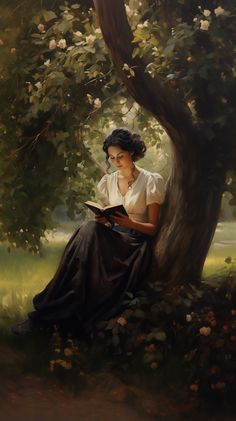 a painting of a woman sitting under a tree with an open book in her hands