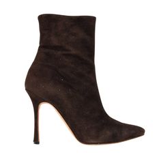 Guaranteed authentic Manolo Blahnik chocolate brown super soft suede ankle boot with signature high heel.Pointed toe is softly rounded.Soft stitch center seam. Suede heel. Zipper for easy access. final saleSIZE 36.5USA SIZE 6.5SHOE MEASURES:SOLE 9"HEEL 4"TALL 5.25"TOP CIRCUMFERENCE 10"CONDITION: EXCELLENT Luxury Suede Ankle-high Heels, Luxury Ankle-high Suede Heels, Luxury Suede Pointed Toe Boots, Designer Luxury Suede Heeled Boots, Suede Ankle Boots, Suede Heels, Soft Suede, Manolo Blahnik, Chocolate Brown