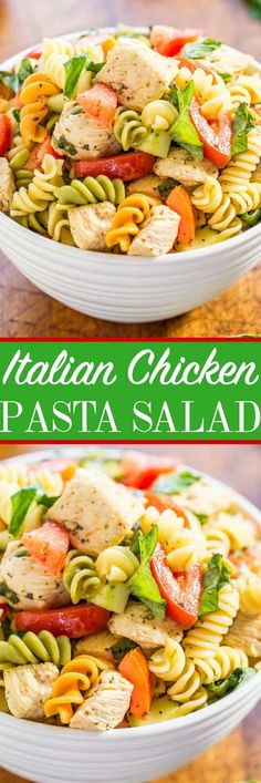 two plates filled with pasta salad on top of a wooden table next to a green and white sign