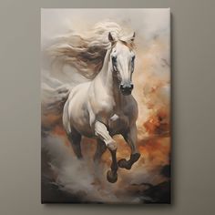 a painting of a white horse running in the wind