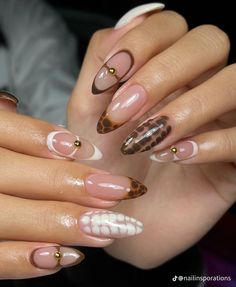 Brown White And Gold Nails, Tortoise Almond Nails, Nail Designs Leopard Print, Brown Nails French, Nails Mismatched, Tortoise Nails, Mismatched Nails, Nails September, Nails Cheetah