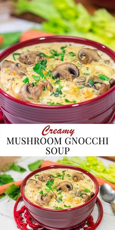 creamy mushroom gnocchi soup in a red bowl