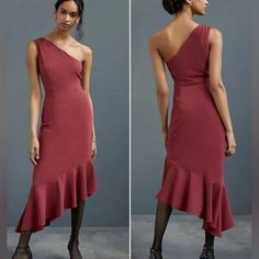 Anthropologie, Nwt, Hutch Pink/Rose Flounced Hem Slim One Shoulder Midi Dress, Size M Side Zip Closure. One Shoulder. Asymmetrical Flounced Hem. Sleeveless. Stretchy, Stretch Jersey Fabrication. Fully Lined. Ruching At Shoulder. Color: Pink Rose, But More Of A Muted Red Color. Bridesmaid. Wedding Guest.Event.Cocktail Party. Resortwear. Condition: New With Tags, Rv $210 Fitted Asymmetrical Bridesmaid Dresses, Palm Dress, Red Striped Dress, Muted Red, Shoulder Ruffle Dress, One Shoulder Midi Dress, Womens Floral Dress, Bridesmaid Wedding, Silk Midi Dress