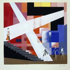 an abstract painting with people walking up the stairs and one person holding a luggage bag