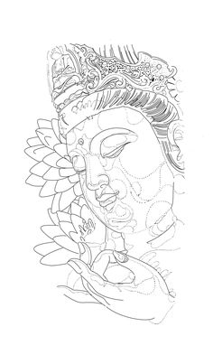 a drawing of a buddha face in black and white with an intricate headdress