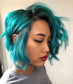 Gorgeous wavy teal bob on @monstikuh by @melanniemillan - use our Neptune Pack for your own multidimensional teal look! #lunartides #turquoisehair Teal Balayage, Dark Teal Hair