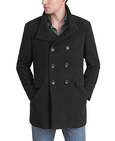 in stock Black Double-breasted Outerwear With Button Closure, Black Notch Lapel Pea Coat For Winter, Black Pea Coat With Double Button Closure, Black Winter Pea Coat With Notch Lapel, Winter Black Single-breasted Peacoat, Black Pea Coat With Pockets For Cold Weather, Black Long Peacoat With Pockets, Black Double-breasted Peacoat For Winter, Black Double-breasted Outerwear