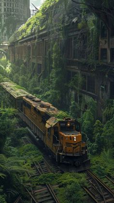 a train traveling through a lush green forest filled with tall buildings and lots of trees