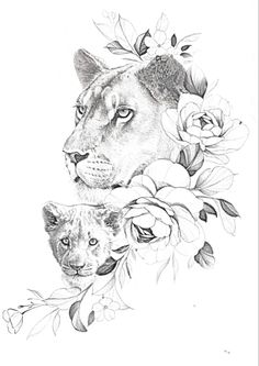 a pencil drawing of a lion and cub with flowers on their head, in front of a white background