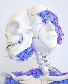 two white and purple skeletons with blue speckles on their bodies, one is holding the other's head