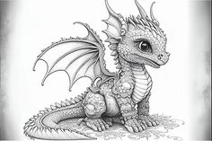 a black and white drawing of a dragon sitting on the ground with its wings spread