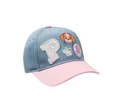 a blue and pink hat with the letter f on it's front, featuring an image of a dog