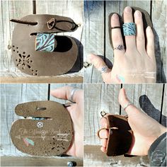 four different pictures of someones hand holding a purse