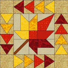 an image of a quilt pattern with red and yellow leaves on it's sides