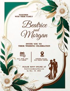 a wedding card with flowers and leaves on the front, in white and green colors