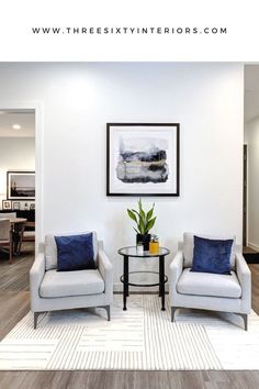 a living room with two chairs and a table in front of a painting on the wall