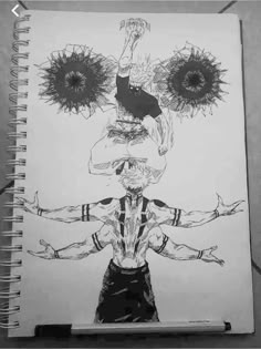 a drawing of a man with two sunflowers on his head and hands in the air