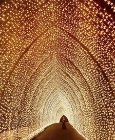 a person standing in the middle of a tunnel filled with lights