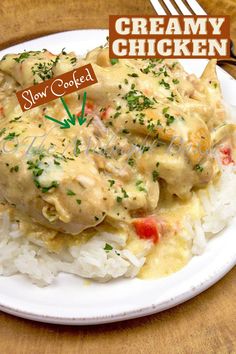 the creamy chicken is served on top of rice