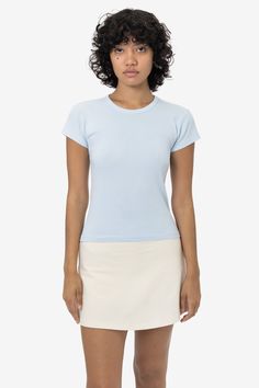 This versatile t-shirt is made of our 1x1 combed cotton baby rib and has been garment dyed to match our bestselling styles. This top has a feminine cut with cap sleeves and a crew neckline finished with tasteful binding. Semi-fitted with a flattering mid-length cut. This 100% cotton has been garment dyed and is shrink-free! Made in Los Angeles, Calif. with US-grown cotton by workers earning fair wages. This item is a garment dye product. Garment dye items can be distinguished by “GD” at the end Fitted Cotton T-shirt With Cap Sleeves, Fitted Blue Ribbed T-shirt, Cotton Ribbed Crew Neck Short Sleeve Top, Ribbed Cotton Crew Neck Short Sleeve Top, Ribbed Crew Neck Cotton Short Sleeve Top, Stretch Cotton T-shirt With Cap Sleeves, Spring Cotton Ribbed Short Sleeve Top, Basic Cap Sleeve Cotton Top, Spring Ribbed Cotton Short Sleeve Top