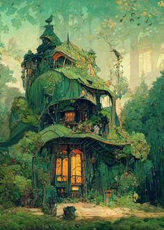 a painting of a house in the middle of a forest with lots of trees around it