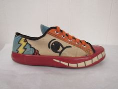 "Vintage 1960s multi color pop art shoes, canvas sneakers. Designed by Peter Max. All original with original laces. Made by Randy. Size 5. Actual measurements are: 10 1/4\" toe to heel across the soles 3 5/8\" across the soles widest point (ball of the foot) In very good condition with some color spots on the insoles." Retro Low-top Custom Sneakers With Rubber Sole, Retro Custom Sneakers For Streetwear, Retro Low-top Custom Sneakers With Gum Sole, Retro Multicolor Low-top Custom Sneakers, Funky Low-top Custom Sneakers With Rubber Sole, Retro Multicolor Sneakers With Gum Sole, Retro Style Custom Multicolor Sneakers With Rubber Sole, Vintage Low-top Custom Sneakers With Gum Sole, Retro Low-top Canvas Shoes With Rubber Sole