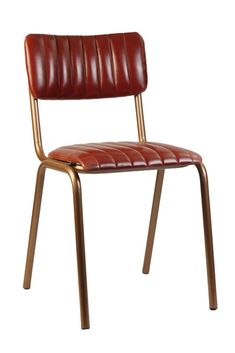 a red leather chair with metal legs and a seat cushion on the back, against a white background