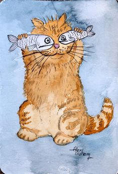 a painting of a cat with fish on its nose