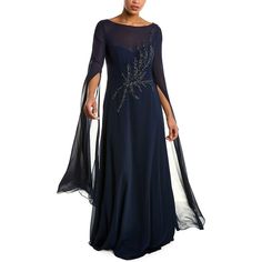 About The Brand: Formal Wear For Any Occasion, From Day To Dusk. Beaded Crepe Gown In Navy With Exaggerated Length Sleeves Approximately 60in From Shoulder To Hem Center Back Zip Closure Shell: 100% Polyester Lining: 100% Polyester Dry Clean Only Imported Elegant Beaded Gown With Fitted Bodice, Elegant Embellished Dresses For Mother Of The Bride, Beaded Maxi Dress For Evening, Elegant Blue Embellished Gown, Beaded Floor-length Mother Of The Bride Evening Dress, Formal Beaded Dress With Fitted Bodice, Elegant Blue Embellished Mother Of The Bride Dress, Evening Gown With Beaded Fitted Bodice, Beaded Fitted Dress For Mother Of The Bride