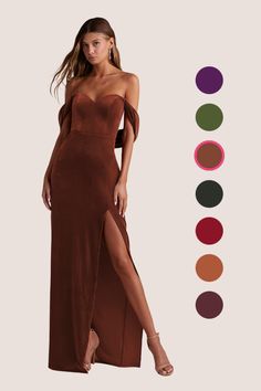 a woman in a brown dress with different colors on it and the color chart below her