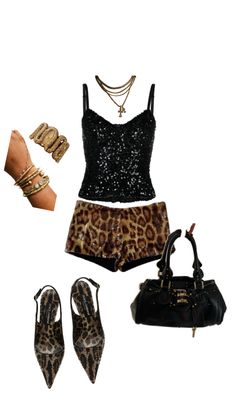 Short leopard print shorts, black sparkly top,golden accessories Sparkly Top Outfit, Print Shorts Outfit, Madrid Outfits, Golden Accessories, New Year’s Eve Outfit, Sparkly Shorts, Leopard Shorts, Sparkly Top, Leopard Print Shorts