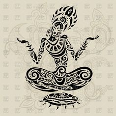 a woman sitting in the lotus position with an intricate pattern on her body and arms