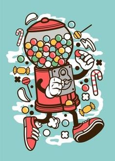 a drawing of a gummy machine with candy and candies around it on a blue background