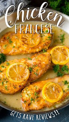 chicken francese with lemons and parsley in a pan on a table