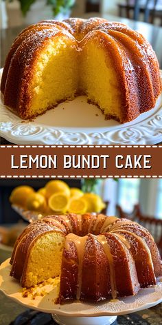 a lemon bundt cake on a plate with the words lemon bundt cake above it