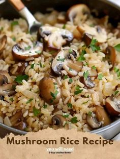 mushroom rice recipe in a pan with a spoon