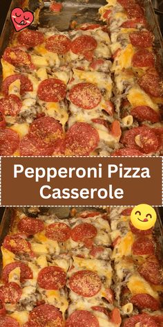 pepperoni pizza casserole is shown in two pans with the same topping