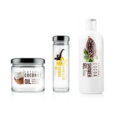 three different types of body care products on a white background