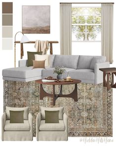 a living room with couches, chairs and rugs in shades of beige and green