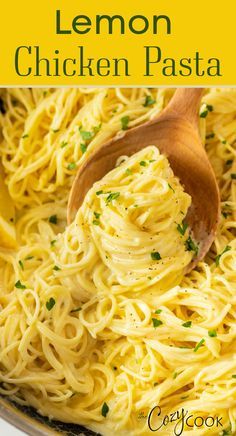 lemon chicken pasta in a skillet with a wooden spoon on top and the title overlay reads, lemon chicken pasta