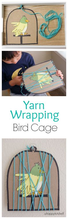 an image of yarn wrapped bird cages with text overlay that reads yarn wrapping bird cage