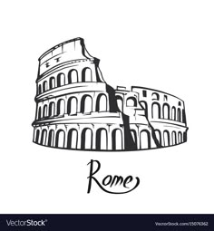 the colossion in rome, italy hand drawn sketch on white background with text