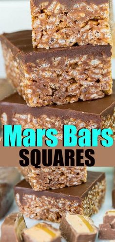 chocolate bars stacked on top of each other with the words mars bars squares above them