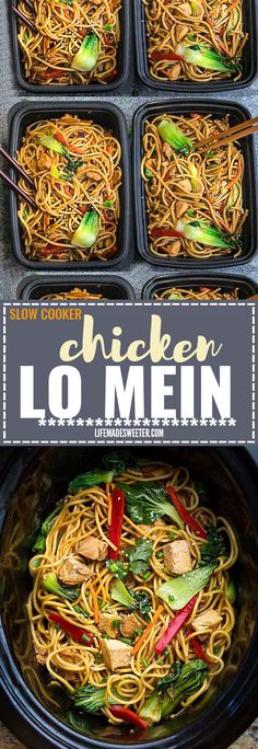 chicken lo mein in a slow cooker with chopsticks on the side and an overhead photo