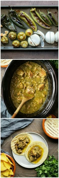 the process of making an eggplant tortilla dish is shown in three different stages