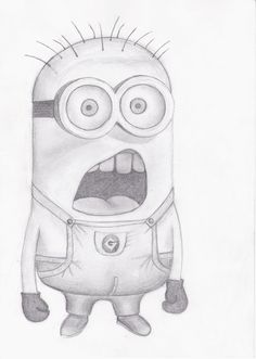 a pencil drawing of a minion with its mouth open