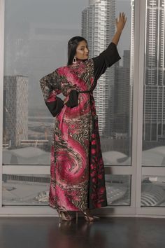 pink and black kimono robe Long Pink Silk Robe, Elegant Kimono With Kimono Sleeves For Eid, Silk Maxi Length Kimono, Pink Silk Long Sleeve Kimono, Black Maxi Length Kimono For Spring, Spring Black Maxi-length Kimono, Elegant Pink Long Sleeve Kimono, Black Silk Kaftan For Eid, Black Silk Dress With Kimono Sleeves