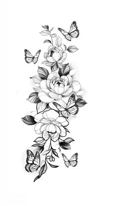 a black and white drawing of flowers with butterflies