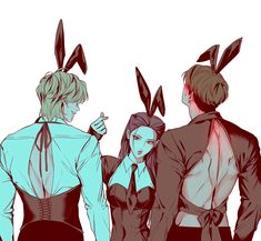 three people with bunny ears on their heads are standing next to each other and looking at something in the distance